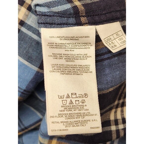 Brooks Brothers Shirt Mens XL Blue S/S Plaid Button Down 100% Irish Linen Regent - Picture 5 of 5